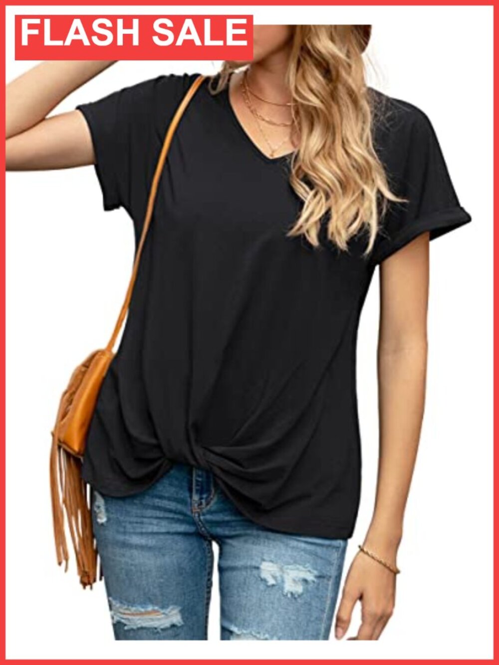 Womens Comfy Casual Twist Knot V Neck Short Sleeve Tee T Shirt Top